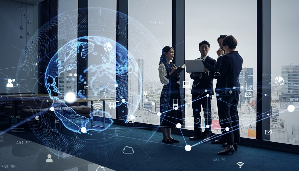 Consulting team in a glass boardroom with a global network overlay